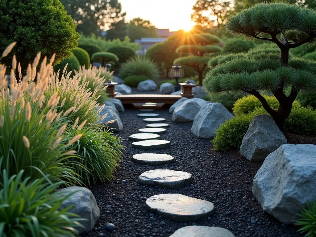 Serene Asian Rock Garden with Black Mulch - A peaceful Asian-inspired garden at dusk, photographed with a wide-angle lens showing a harmonious composition of smooth black mulch pathways weaving between weathered granite boulders and river rocks. Japanese Forest Grass (Hakonechloa macra) catches the golden evening light, its graceful leaves swaying gently. Several carefully pruned dwarf Japanese cedar trees provide vertical interest, while strategically placed stone lanterns cast subtle lighting. The garden features traditional elements like a small wooden bridge over a dry stream bed lined with black mulch. Natural stone steps lead through the landscape, creating depth and visual interest. Shot at f/2.8 with beautiful bokeh effect highlighting the textural contrast between the glossy black mulch and the natural stone elements.