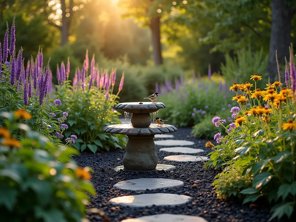 Black Mulch Bird Sanctuary Garden - A serene backyard garden at golden hour, shot with a 16-35mm lens at f/2.8, ISO 400. Rich black mulch pathways weave between clusters of berry-laden viburnum and elderberry shrubs. Purple coneflowers and black-eyed susans sway in the gentle breeze, their seedheads attracting finches and chickadees. A natural stone bird bath sits centerpiece, with water trickling down multiple levels, creating a gentle mist effect in the warm evening light. Dense plantings of native grasses provide shelter, while serviceberry trees cast dappled shadows across the textured black mulch. The perspective captures both the intimate details of birds feeding and the broader sanctuary-like atmosphere of the garden design.