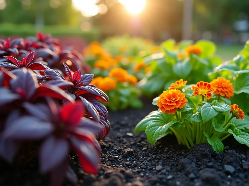 Black Mulch Edible Garden Paradise - A stunning close-up photograph of a modern edible garden landscape at golden hour. Rich black mulch creates striking contrast against vibrant purple basil and rainbow-colored Swiss chard. Bright orange and yellow nasturtium flowers cascade between carefully arranged vegetable plants. Natural sunlight filters through the leaves, creating a warm, inviting atmosphere. The composition shows raised garden beds with clean, geometric lines, captured with a shallow depth of field that highlights the textural details of the plants against the deep black mulch background. Shot with a digital camera at f/2.8, creating beautiful bokeh effects in the background.