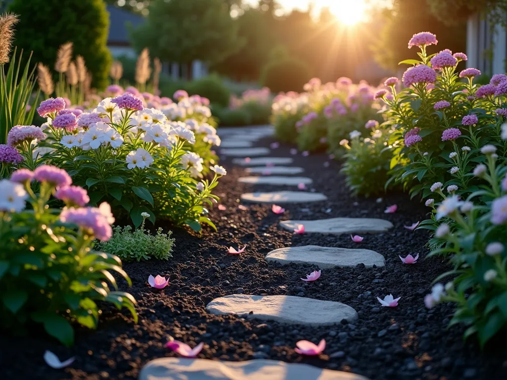 Black Mulch Fragrant Garden Path at Dusk - A serene garden path at dusk, photographed with a wide-angle lens capturing the winding walkway lined with blooming garden phlox, oriental lilies, and mock orange shrubs. The rich black mulch creates a dramatic contrast against the white and pink flowers, with soft garden lighting illuminating the path. Delicate flower petals scatter across the deep ebony mulch, while the evening light casts long shadows across the textured ground. The composition includes garden stones along the path edges and ornamental grasses swaying in the background. Shot with shallow depth of field, creating a dreamy atmosphere that emphasizes the lush plantings and their naturalistic arrangement. Photographed with a digital camera, 16-35mm lens at f/2.8, ISO 400, capturing the magical golden hour lighting.