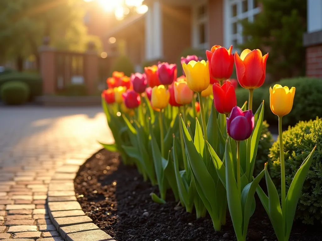 Black Mulch Tulip Border at Dawn - Professional landscape photography of a curved garden border with pristine black mulch backdrop, showcasing three rows of vibrant tulips in red, yellow, and purple varieties. Shot at dawn with golden sunlight filtering through, creating a dramatic contrast between the dark mulch and luminous flowers. Wide-angle perspective capturing the sweeping curve of the border along a classic brick driveway. Tulips stand tall and proud, their stems emerging from the rich black mulch, while morning dew glistens on the petals. Shallow depth of field with f/2.8 creating a dreamy bokeh effect in the background. Shot with a 16-35mm lens in golden hour lighting, highlighting the formal garden design with crystal-clear detail and professional composition. Photorealistic, ultra-detailed, architectural photography style.