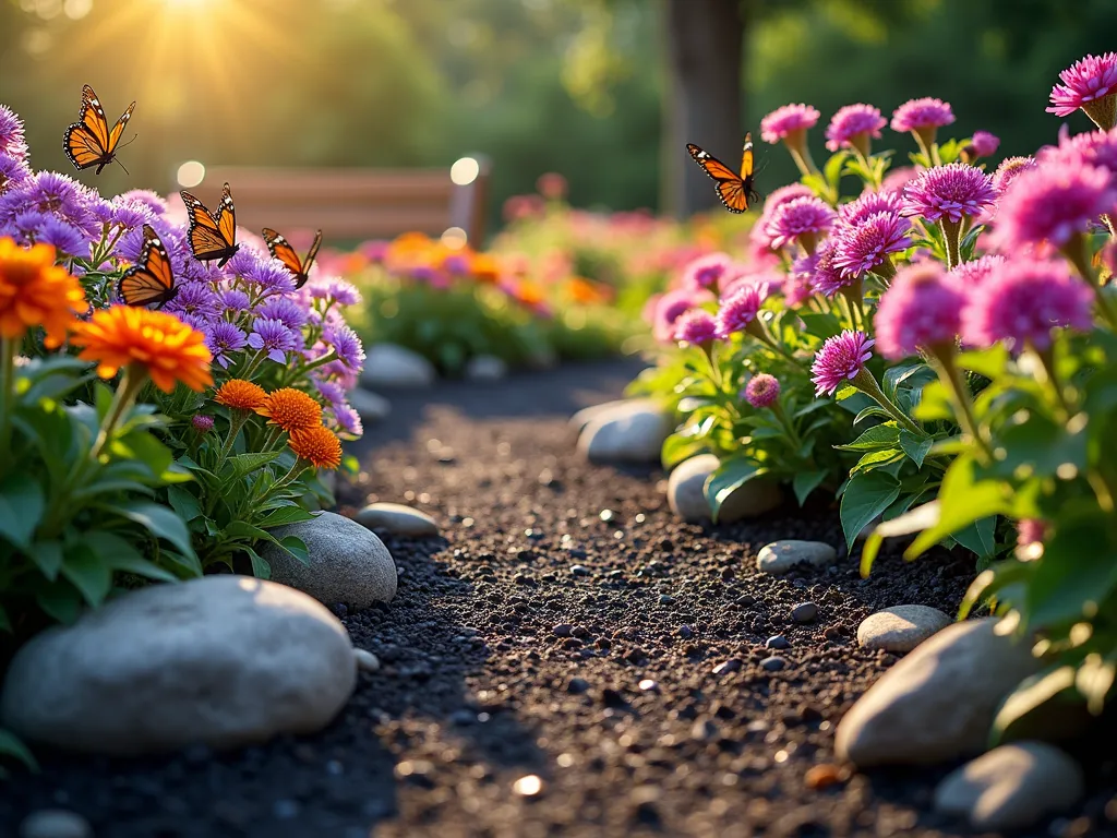 Butterfly Garden with Black Mulch Border - DSLR photography of a vibrant butterfly garden featuring rich black mulch pathways winding through clusters of purple butterfly bush, pink coneflowers, and orange lantana in full bloom. Early morning sunlight filters through, creating golden highlights on the flowers while butterflies hover above. The dark mulch creates striking contrast against the colorful blooms, shot at f/8 with a wide-angle lens capturing the garden's depth and natural morning dew. Decorative garden stones line the mulched pathways, with a rustic wooden bench in the background. Professional photography, 4K, highly detailed, natural lighting.