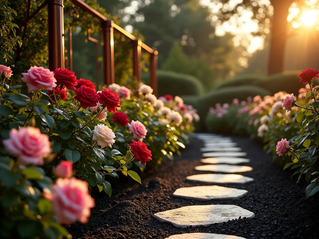 Classic Rose Garden with Black Mulch - A stunning twilight garden scene featuring elegant hybrid tea roses in shades of deep red, soft pink, and creamy white rising from a pristine black mulch bed. Climbing roses gracefully ascend a weathered copper trellis, creating a romantic backdrop. The low-angle DSLR shot captures the roses in perfect focus against the dark mulch, which glistens with evening dew. Golden hour lighting casts long shadows across the landscape, emphasizing the contrast between the vibrant blooms and the rich black mulch. Ornate stone pathways weave through the garden, while subtle landscape lighting illuminates key features. The composition showcases both established rose bushes and young plants, demonstrating the mulch's practical and aesthetic benefits. Shot with natural depth of field, highlighting the textural details of both flowers and mulch.