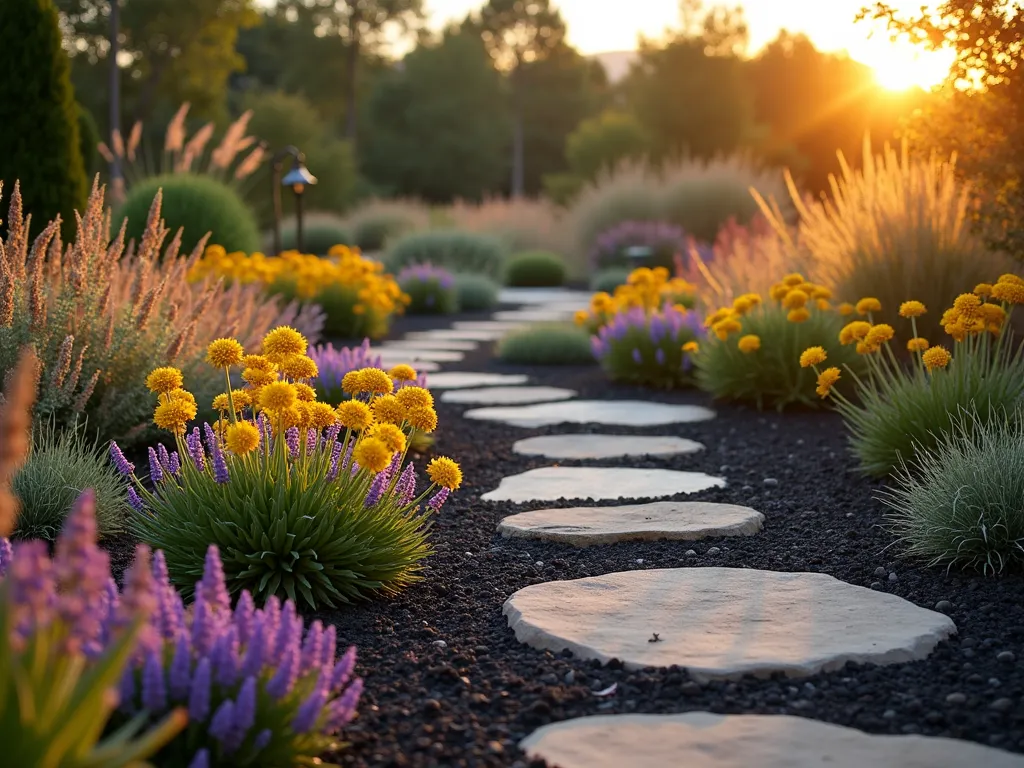 Drought-Resistant Black Mulch Garden at Sunset - A stunning drought-resistant garden photographed at golden hour, featuring elegant drifts of purple Russian sage and golden yarrow emerging from rich black mulch beds. Low-growing sedums create a textural carpet in the foreground, their succulent foliage catching the warm evening light. The garden is artfully arranged in sweeping curves, photographed from a low angle to capture the ethereal backlit planting against a soft-focus background. Natural stone pathways weave through the drought-tolerant landscape, while ornamental grasses add movement and catch the late sun's rays. Sharp focus on the foreground plants with beautiful bokeh effect in the background. Shot with a 16-35mm lens at f/2.8, ISO 400, during sunset for dramatic lighting and atmosphere.