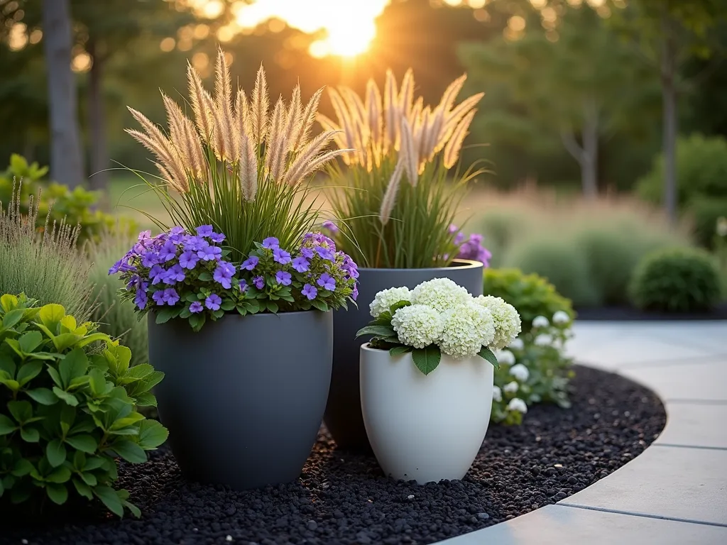 Elegant Black Mulch Container Garden Display - A sophisticated garden vignette photographed during golden hour, featuring three varying-height ceramic containers in matte charcoal and cream against a pristine black mulch bed. The containers showcase cascading purple petunias, tall ornamental grasses, and white hydrangeas. The low-angle shot captures the dramatic contrast between the dark mulch and the containers, while subtle garden lighting creates gentle highlights on the pottery. Soft bokeh effect in the background reveals a manicured garden landscape. Shot with a 16-35mm lens at f/2.8, ISO 400, creating a dreamy depth of field that emphasizes the container arrangement.