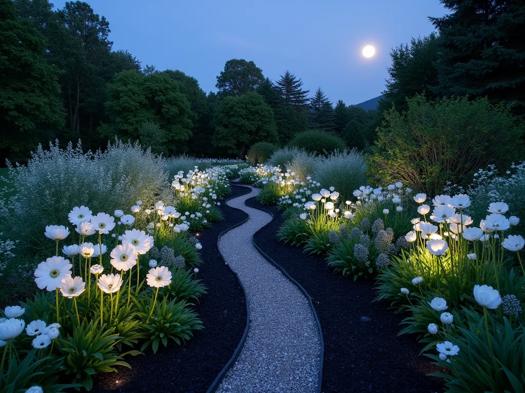 Ethereal Moon Garden at Twilight - A serene twilight garden photographed with a DSLR wide-angle lens, featuring a winding path through beds of luminous white and silver plants set against rich black mulch. In the foreground, large white moonflowers and evening primrose bloom dramatically, their petals catching the last rays of dusk. Silver-leaved plants like Artemisia and Dusty Miller create a ethereal glow throughout the garden. Soft landscape lighting illuminates white Japanese anemones and silver foliage from below, creating mysterious shadows. The path is lined with white garden phlox and silvery lamb's ear, their foliage appearing to float above the dark mulch. A full moon rises in the background, casting a magical glow across the enchanted garden scene. f/8, ISO 100, 1/125 sec.