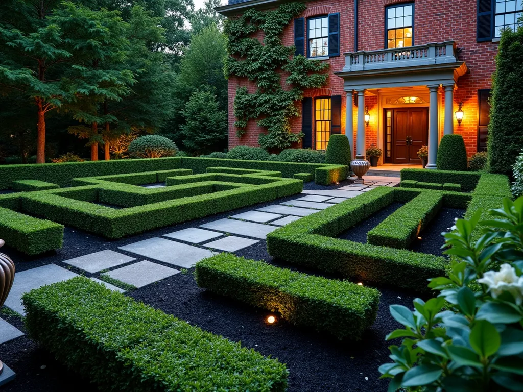 Elegant Formal Box Garden with Black Mulch - A sophisticated formal garden at twilight, featuring meticulously manicured boxwood hedges arranged in symmetrical geometric patterns, outlined with rich black mulch creating striking contrast. The garden is photographed from a elevated three-quarter angle, showing the precise lines and interconnected pathways. Ornate stone pavers wind through the boxwood formations, while classic bronze garden urns with white flowering plants anchor the corners. Soft landscape lighting illuminates the sculptural hedges, casting gentle shadows across the pristine black mulch beds. A stately brick mansion is partially visible in the background, with climbing roses on its facade. Shot with a DSLR camera, wide-angle lens at f/8, ISO 100, capturing the warm evening light and architectural details with crystal clarity.