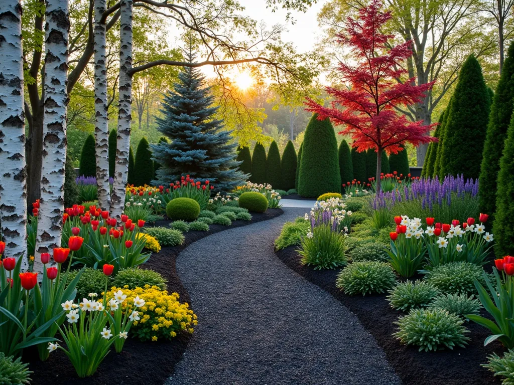 Four-Season Black Mulch Garden with Layered Interest - A stunning garden design showcasing black mulch pathways weaving through a lush four-season landscape at dusk. In the foreground, white birch trees with peeling bark create dramatic contrast against the dark mulch. Mid-ground features evergreen boxwoods and blue spruce providing structure, while red winterberry holly bushes add vivid color. Spring tulips and daffodils emerge through the black mulch, accompanied by summer-blooming purple coneflowers and Russian sage. Japanese maples with sculptural branches create architectural interest. The scene is captured in a wide-angle perspective with soft, golden hour lighting highlighting the textural elements and creating depth through shadow play. Professional landscape photography style with high detail and natural lighting.