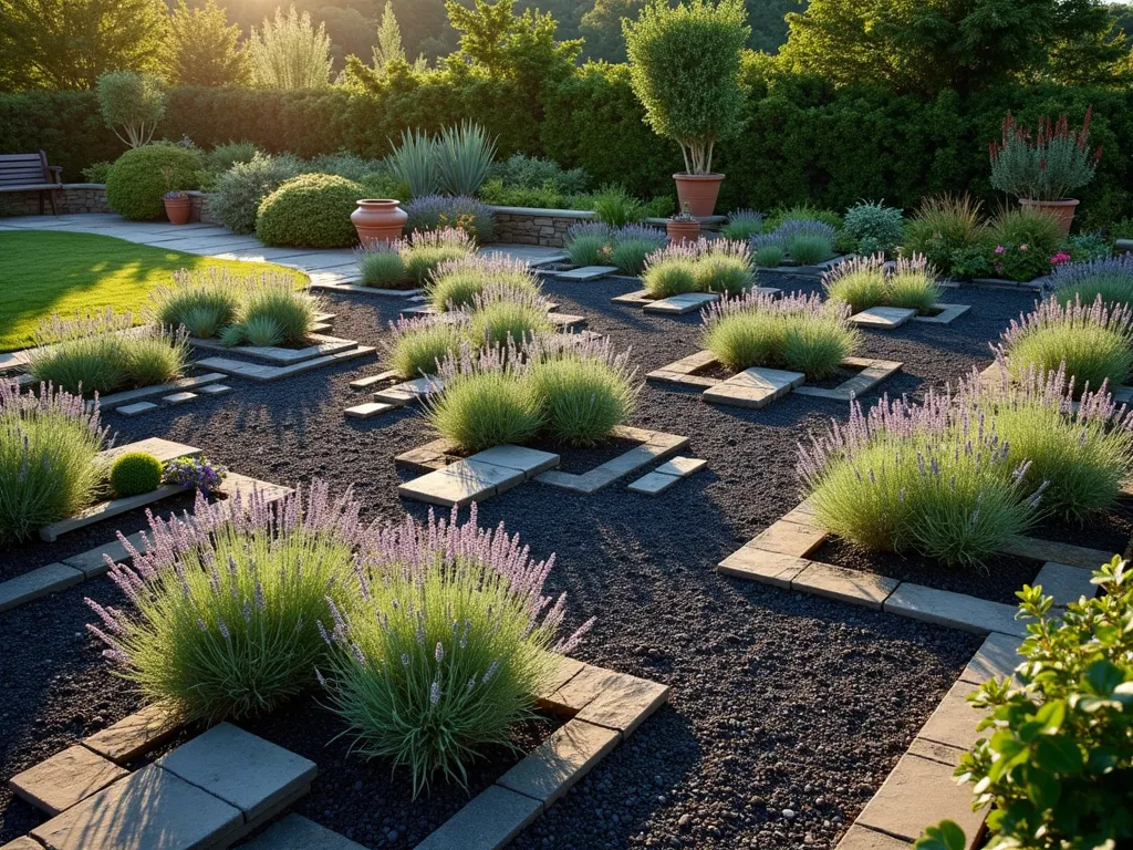 Geometric Mediterranean Herb Garden with Black Mulch - A stunning late afternoon garden scene featuring a meticulously designed Mediterranean herb garden with black mulch pathways creating geometric patterns. Raised garden beds filled with silvery-green lavender, rosemary, and sage plants arranged in symmetrical triangular and diamond formations. The low-angled sunlight casts long shadows across the dark mulch, highlighting the textural contrast between the herbs and the rich black ground cover. Terra cotta pots and natural stone borders frame the garden, while a rustic wooden bench sits at one end. The composition is photographed from a 45-degree elevated angle to showcase the geometric design patterns and the harmonious blend of Mediterranean plants against the dramatic black mulch backdrop.