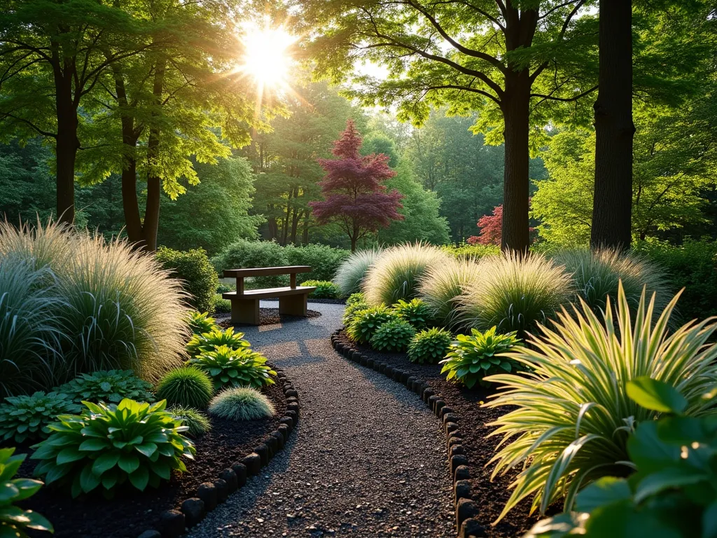 Luminous Shade Garden with Black Mulch - A serene shade garden photographed during golden hour, featuring a winding path through beds of silvery-variegated hostas, burgundy heuchera, and flowing Japanese forest grass (Hakonechloa). The rich black mulch creates a striking contrast against the ethereal foliage, making the plants appear to float and glow in the dappled sunlight filtering through mature trees. Natural stone borders frame the garden beds, while a rustic wooden bench nestled among the foliage creates an intimate retreat. Shot with a wide-angle lens at f/8, capturing the dramatic interplay of light and shadow across the textured landscape. Professional DSLR photography with careful attention to depth and dimension.