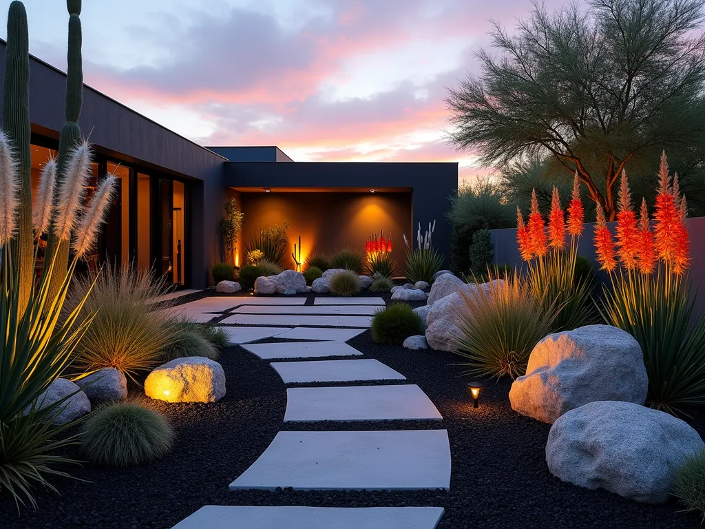 Modern Desert Oasis with Black Mulch - A stunning wide-angle twilight photograph of a modern desert garden landscape featuring elegant black mulch pathways contrasting beautifully with warm sand-colored decorative rocks. Dramatic yucca plants cast long shadows, while clusters of red hot poker plants provide vibrant orange vertical accents. Ornamental grasses sway gently in the foreground, their silvery plumes catching the golden hour light. Clean architectural lines define raised garden beds, and strategically placed landscape lighting creates a sophisticated ambiance. Shot with a 16-35mm lens at f/2.8, ISO 400, capturing the rich textures and dramatic interplay of desert plants against the dark mulch backdrop. Photorealistic, high-end landscape photography, professional garden design.