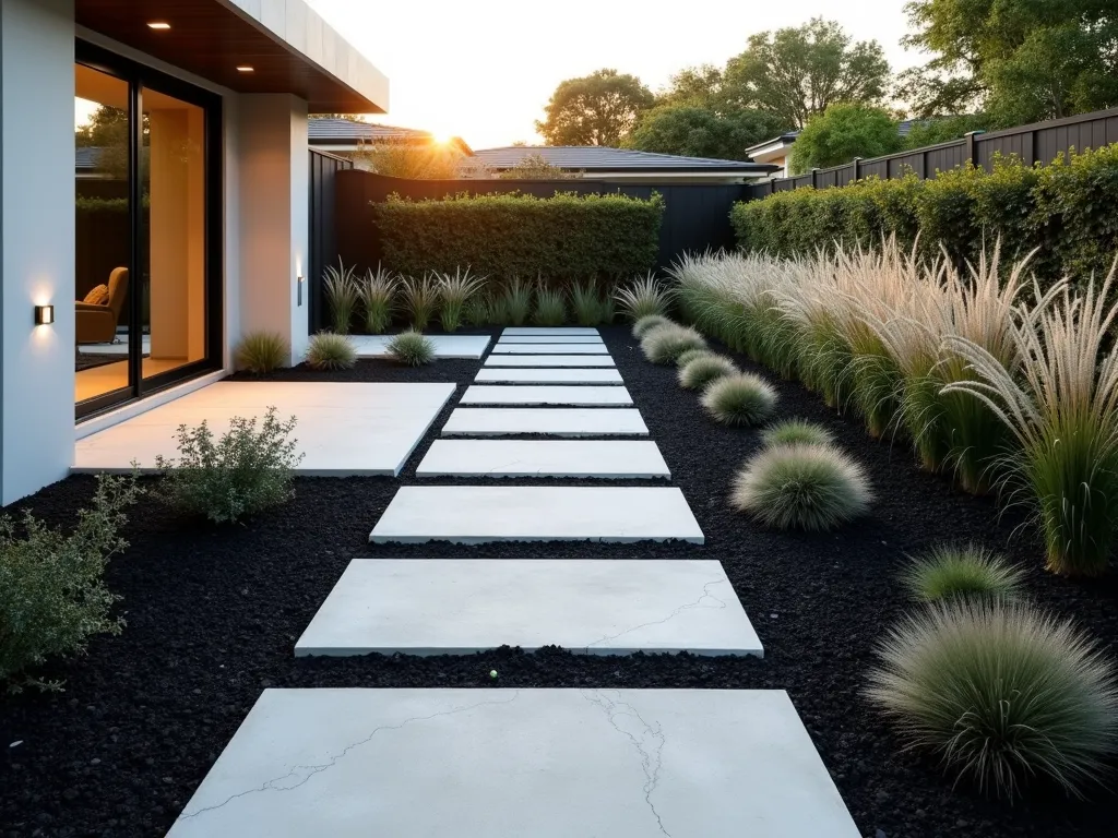 Geometric Black Mulch Garden with Modern Grasses - A striking modern garden design featuring precise geometric patterns created with jet black mulch, contrasting against light concrete pathways. Carefully positioned clumps of tall Japanese Silver Grass and Black Mondo Grass create rhythmic vertical elements. The minimalist landscape is photographed during golden hour, casting long shadows across the clean lines. Wide-angle shot showcasing the contemporary design against a modern home backdrop, with subtle LED ground lighting emphasizing the geometric shapes. The garden beds are bordered with sleek metal edging, creating perfect straight lines and angles that epitomize modern minimalist design.