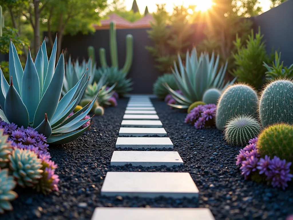 Modern Succulent Garden with Black Mulch - A stunning close-up shot of a modern desert garden at golden hour, featuring carefully arranged geometric patterns of diverse succulents against rich black mulch. Sleek silver-blue agave plants form dramatic focal points, surrounded by clusters of jewel-toned echeveria rosettes in purples and teals. Rounded barrel cacti create natural sculpture elements, while the deep black mulch creates striking negative space between plantings. Clean-lined concrete pavers create a modernist path through the design. Low evening sunlight casts dramatic shadows across the textural landscape, highlighting the architectural forms of the succulents. The composition demonstrates precise modern garden design with a sophisticated desert aesthetic.