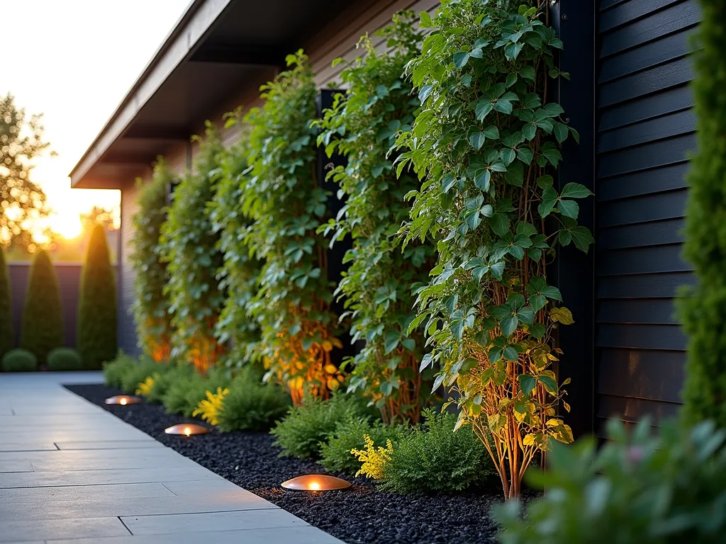 Modern Living Wall with Black Mulch Base - A stunning vertical garden wall photographed during golden hour, featuring a modern 10-foot tall metal trellis system against a contemporary house exterior. Lush climbing jasmine, purple clematis, and emerald ivy cascade dramatically against the dark backdrop, emerging from a pristine strip of glossy black mulch at the base. Soft evening sunlight filters through the foliage creating intricate shadow patterns, while copper garden lights illuminate the textured plant wall from below. Shot with a wide-angle lens capturing the full height and architectural impact of the living wall, with subtle depth of field highlighting both the structural elements and the organic plant growth. The black mulch creates a striking contrast against the green foliage and provides a clean, modern foundation for the vertical garden.