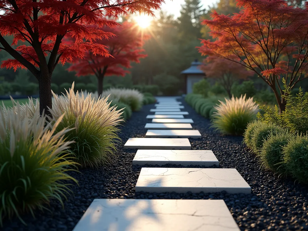 Modern Zen Garden Path with Black Mulch - A serene Japanese-inspired garden path at dusk, featuring smooth light-colored limestone stepping stones meandering through deep black mulch beds. The path is flanked by carefully positioned Hakonechloa macra ornamental grasses that sway gently in the breeze, while crimson Japanese maple trees cast delicate shadows. Shot from a low wide angle perspective, capturing the dramatic contrast between the pale stones and rich black mulch. Natural golden hour lighting filters through the maple leaves, creating an ethereal atmosphere. The minimalist design emphasizes negative space and natural elements, with the black mulch providing a sophisticated, modern foundation. Photographed with subtle depth of field to highlight textural details. 8K, ultra-detailed, architectural photography