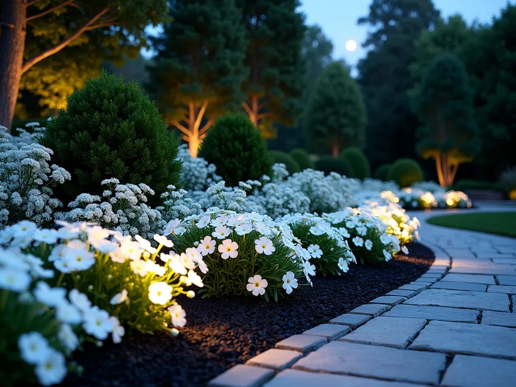 Monochromatic White Garden with Black Mulch - A sophisticated evening garden scene captured with a wide-angle lens, featuring a curved flowerbed layered with pristine white flowering plants against rich black mulch. Pure white petunias cascade in waves, while clusters of candytuft and delicate snow-in-summer create a ethereal carpet effect. Strategic landscape lighting casts gentle illumination across the garden, creating dramatic shadows and highlighting the striking contrast between the luminous white blooms and the deep black mulch. Low voltage path lights line a natural stone walkway, their warm glow emphasizing the garden's dramatic monochromatic palette. Moonlight filters through nearby trees, adding to the magical atmosphere. Professional DSLR photo captured during blue hour, emphasizing the garden's sophisticated design and ethereal beauty. 8K resolution, deep depth of field, crystal clear detail.