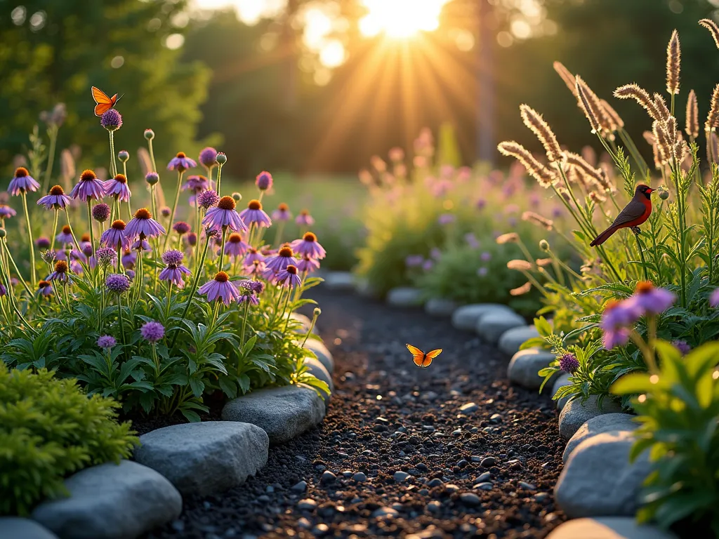 Native Wildlife Garden with Black Mulch - A wide-angle DSLR photo of a serene native garden at golden hour, featuring clusters of purple coneflowers, black-eyed susans, and native grasses emerging from rich black mulch paths. Butterflies hover over the wildflowers while cardinal birds perch on decorative branches. Natural stone borders define garden zones, with native ferns providing texture in shaded areas. The landscape demonstrates thoughtful layering with tall joe pye weed in the background, medium-height butterfly weed in the middle, and low-growing wild geraniums at the edges. The late afternoon sun casts long shadows across the black mulch, highlighting its dramatic contrast with the vibrant native plants. Shot at f/8 with pristine detail and subtle bokeh effect in the background. The composition shows a perfect balance of wild natural beauty and intentional design.