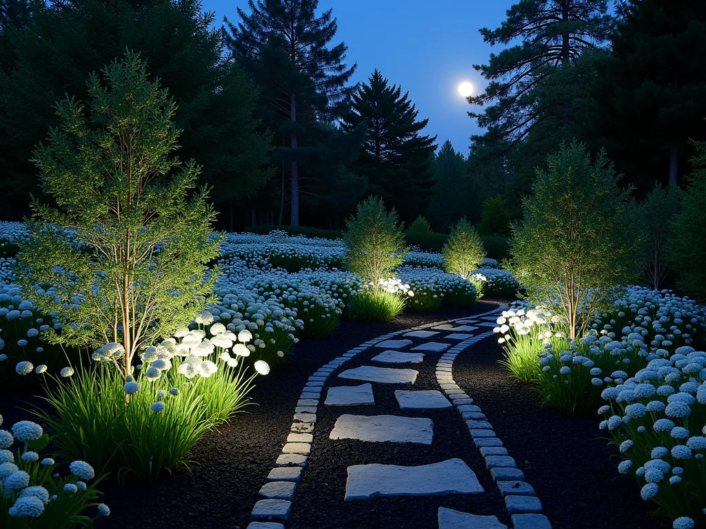 Enchanted Night Garden with Black Mulch - A mesmerizing nighttime garden scene captured with a wide-angle lens, featuring a winding garden path lined with pristine white Luna candytuft and silvery Artemisia 'Powis Castle' planted in rich black mulch. Strategically placed low-voltage LED landscape lights cast ethereal beams upward through the foliage, creating dramatic shadows and luminous highlights. The pure white flowers seem to float against the dark mulch backdrop, while dichroic glass garden orbs add magical blue-green accents throughout. Moonlight filters through overhead tree branches, adding natural highlights to the silver-leafed plants. The composition includes weathered stone borders and scattered white Echinacea flowers, their silhouettes creating compelling geometric patterns in the evening light. Shot at f/8 with careful attention to capturing both the illuminated elements and deep, mysterious shadows.