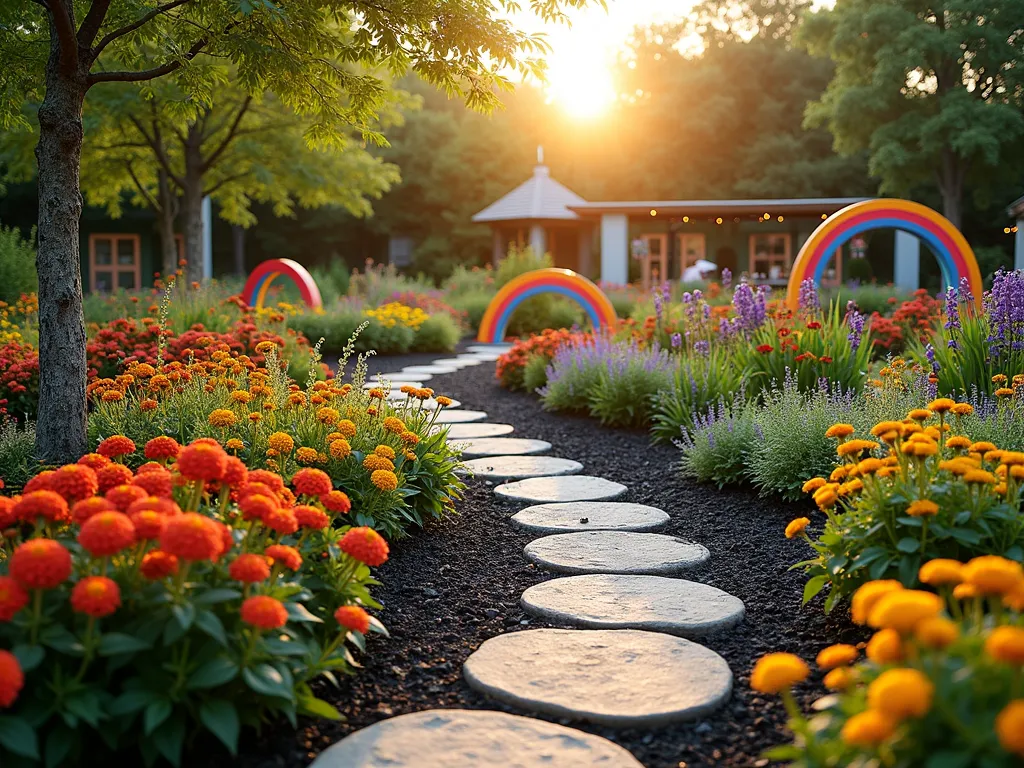 Rainbow Children's Garden with Black Mulch - A whimsical children's garden photographed during golden hour, featuring vibrant curved bands of flowers arranged in rainbow order over rich black mulch. In the foreground, a meandering stone pathway winds through beds of red salvias, orange marigolds, yellow daylilies, green ornamental grasses, blue delphiniums, and purple verbena. Colorful wooden plant markers shaped like clouds stand throughout the garden, each painted in matching colors. The wide-angle shot captures the entire rainbow arc pattern, while fairy lights strung on archways add a magical touch. Natural sunlight filters through the flowers, creating a dreamy atmosphere, while the black mulch provides a striking contrast that makes the colors pop. A small reading nook with rainbow cushions sits in one corner, surrounded by butterfly-attracting flowers.