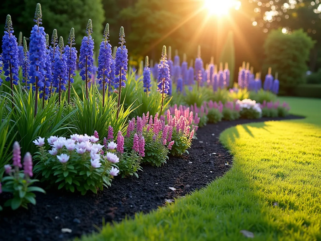 Rainbow Perennial Border with Black Mulch - A stunning wide-angle garden photograph at golden hour showing an elegant curved perennial border with rich black mulch base, captured in photorealistic detail. Tall royal blue delphiniums gracefully sway in the background, followed by rows of purple and pink salvias in the middle, and vibrant pink and white dianthus in the front. The late afternoon sun casts long shadows across the meticulously layered garden, creating a dramatic contrast between the dark mulch and the rainbow-colored blooms. The border curves gently along a manicured lawn, with the flowers arranged in sweeping drifts that create a natural, flowing appearance. Professional garden photography with soft, warm lighting highlighting the texture of the black mulch and the delicate petals of the flowers.