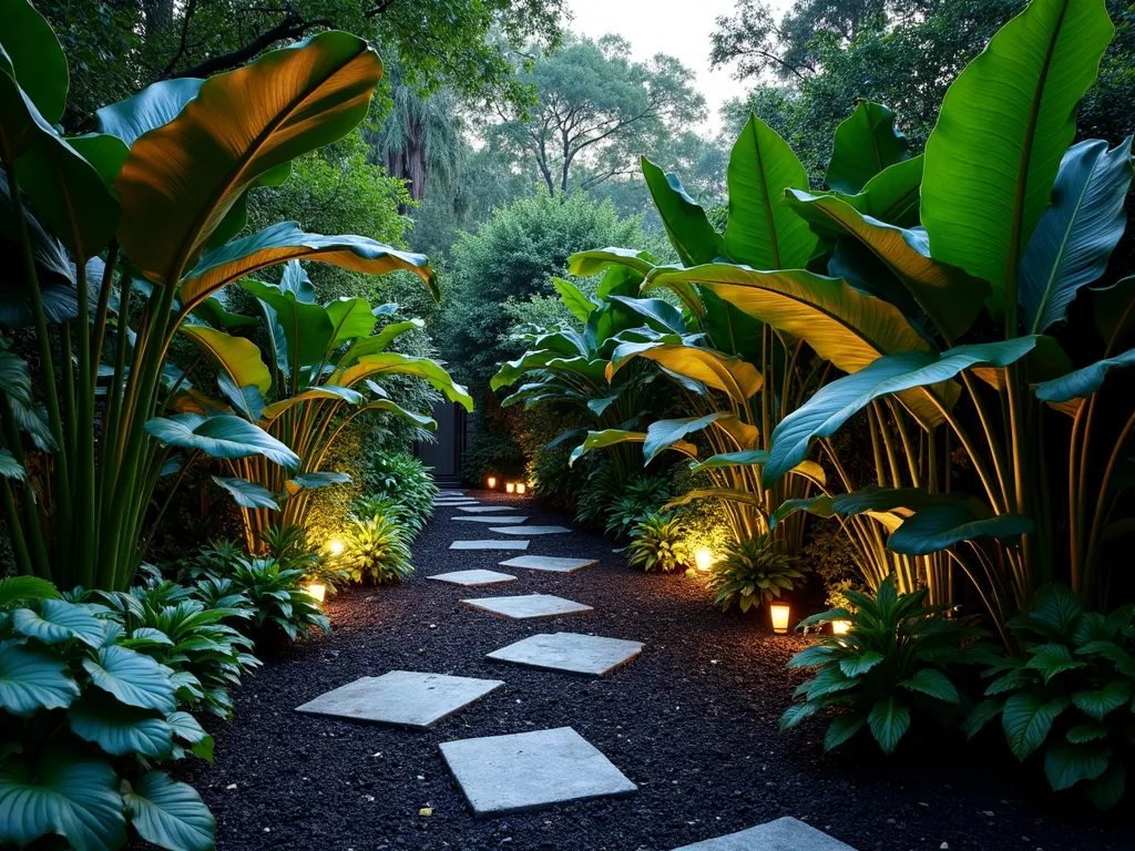 Tropical Shade Garden with Black Mulch - A lush tropical shade garden at dusk, captured in a wide angle shot showing a winding pathway through dramatic large-leaved tropical plants. Dark black mulch creates a rich, contrasting base beneath towering Colocasia 'Black Magic' with their massive elephant ear leaves, alongside architectural Fatsia japonica and clusters of cast iron plants. Golden evening light filters through the canopy, creating mysterious shadows on the glossy foliage. The black mulch appears almost ethereal, collecting moisture that reflects the dim light, while providing a sophisticated backdrop for the verdant tropical foliage. Natural stone pavers create an inviting path through this exotic landscape, with subtle landscape lighting beginning to illuminate key plants.