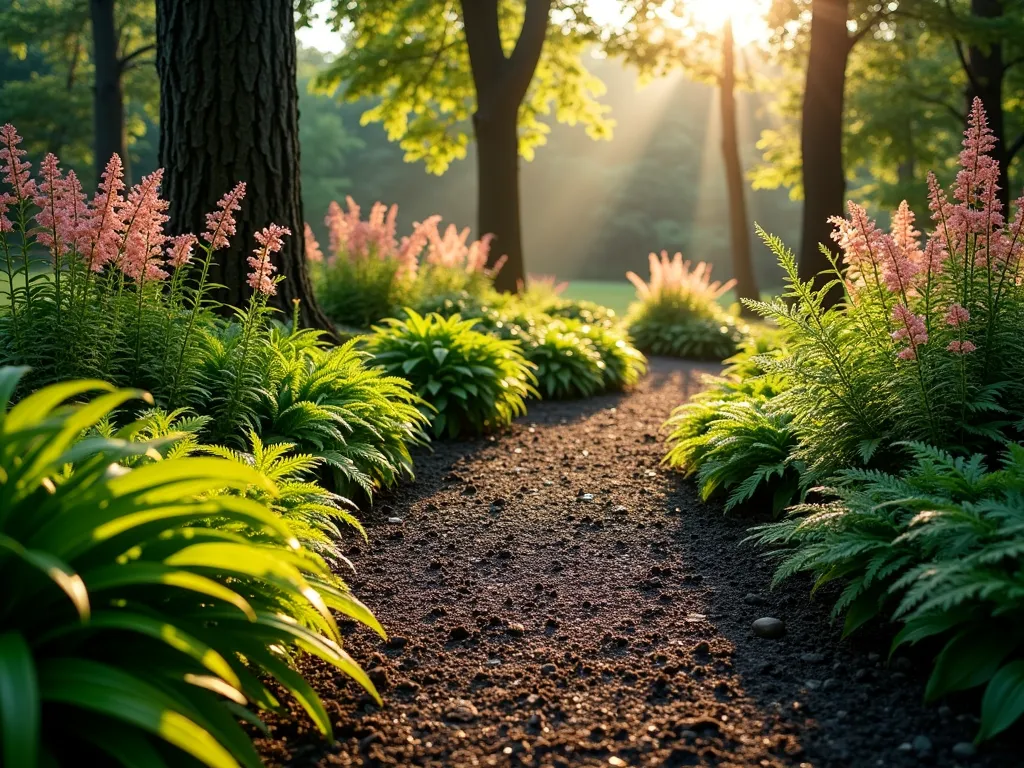 Enchanted Woodland Edge Garden with Black Mulch - A serene woodland garden scene at dawn with golden sunlight filtering through tall trees, capturing a meandering garden path lined with lush hostas, delicate ferns, and blooming pink astilbe. Rich black mulch creates a striking contrast against the vivid green foliage, glistening with morning dew. The wide-angle composition shows a natural transition from manicured backyard to woodland edge, with dappled shadows dancing across the landscape. Professional DSLR photo with pristine clarity, f/8, ISO 100, creating a dreamy yet sharp garden sanctuary.