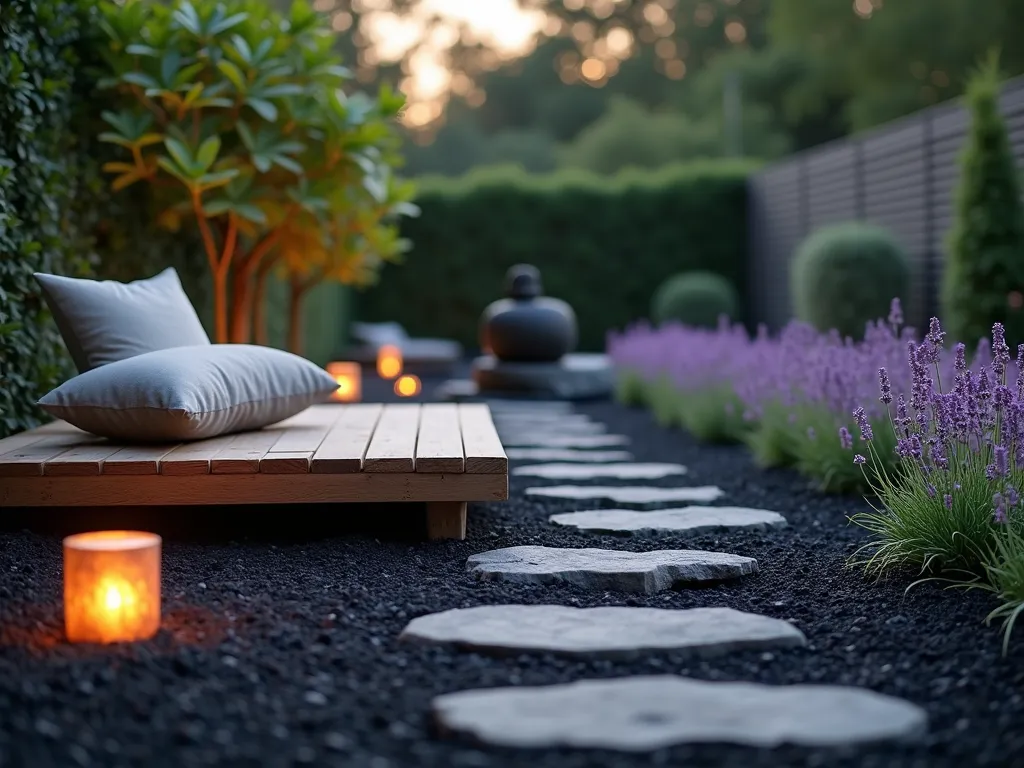 Zen Black Mulch Meditation Garden - A serene twilight garden scene with black mulch pathways winding through beds of softly swaying lavender and chamomile. A minimalist wooden meditation platform floats above the mulch, accompanied by zen-inspired outdoor cushions in neutral tones. A small stone water feature creates gentle ripples, its sound mixing with the evening breeze. Strategically placed copper lanterns cast warm, gentle light across the space, highlighting the contrast between the deep black mulch and the silver-purple lavender blooms. Japanese maples provide elegant height, their leaves casting delicate shadows in the dying light. The composition is captured from a low, wide angle, emphasizing the garden's peaceful flow and meditation-focused design. Soft bokeh effect in background adds to the dreamy atmosphere.