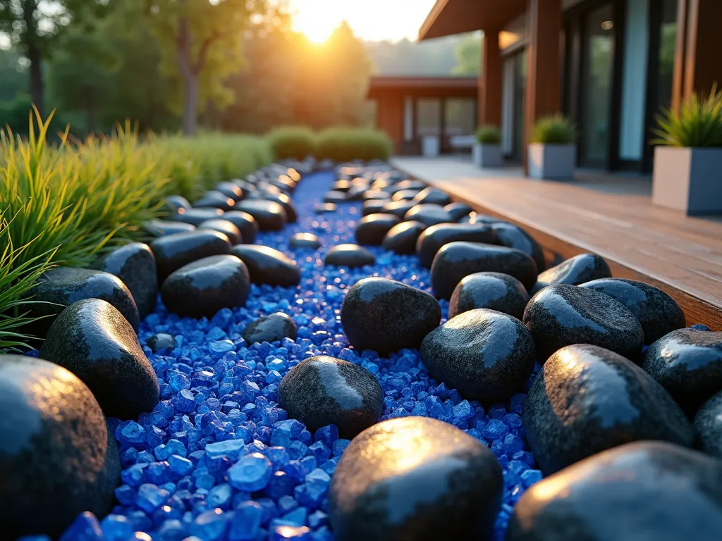 Artistic Black Rock Zen Garden with Glass - A mesmerizing garden art installation featuring polished black rocks arranged in precise spiral patterns across a minimalist landscape, photographed during golden hour. Chunks of cobalt blue recycled glass are strategically placed between the rocks, catching the warm sunlight. Sleek stainless steel sculptures rise from the rock pattern, creating dynamic vertical elements. The garden is bordered by low-growing Japanese Forest Grass, adding a soft, flowing contrast to the rigid elements. Shot from a low angle with selective focus, highlighting the interplay of textures between smooth rocks and glass. The background shows a contemporary wooden deck, slightly blurred, with modern planters.