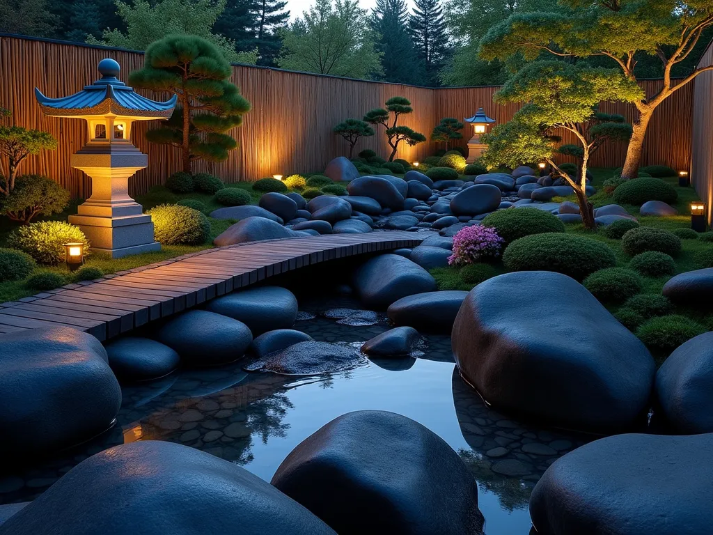 Serene Asian Black Rock Garden at Dusk - A DSLR wide-angle capture of a tranquil Asian-inspired garden at dusk, featuring large smooth black rocks thoughtfully arranged in traditional Zen patterns. A stone lantern casts a warm glow over polished black river rocks, creating dramatic shadows. Carefully pruned Japanese maple trees and compact azaleas frame the scene, while moss patches soften the rock arrangements. A small wooden bridge crosses over a dry riverbed of black stones. The composition is photographed at f/8 with natural twilight illumination, capturing the subtle interplay of light and shadow across the rocks' surfaces. Oriental bamboo fencing provides a authentic backdrop, while strategically placed bonsai trees add depth and scale to the peaceful garden setting.