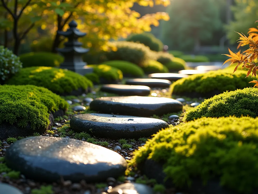 Tranquil Black Rock and Moss Garden - A close-up shot during golden hour of a serene Japanese-inspired garden featuring smooth black river rocks of varying sizes (2-6 inches) artfully arranged among lush patches of vibrant green cushion moss, sheet moss, and star moss. Dappled sunlight filters through overhead Japanese maple branches, creating gentle shadows that dance across the glistening black stones. The moss forms a soft, undulating carpet between the rocks, with tiny water droplets catching the warm evening light. Natural stone steps wind through the composition, while a small granite lantern sits partially visible in the background, adding depth and architectural interest. Shot with a shallow depth of field that creates a dreamy bokeh effect in the background, emphasizing the textural contrast between the sleek black rocks and the velvety moss. 16mm lens perspective captures the intimate garden detail while showing context of the broader landscape design.