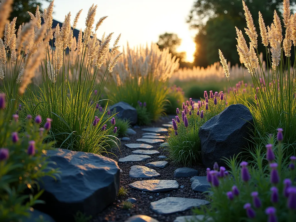 Black Rock Prairie Garden at Dusk - A serene backyard prairie garden at dusk, photographed with a wide-angle lens. Towering Miscanthus and Switchgrass sway gracefully in the evening breeze, their golden plumes catching the last rays of sunlight. Large, angular black basalt rocks of varying sizes create a dramatic anchor point throughout the naturalistic landscape. Purple coneflowers and Russian sage provide bursts of color among the grasses, while smaller black river rocks create meandering pathways. The low evening light casts long shadows across the garden, highlighting the textural contrast between the solid black rocks and the ethereal movement of the prairie plants. Shot with shallow depth of field to capture the dreamy atmosphere, with the background softly blurred.