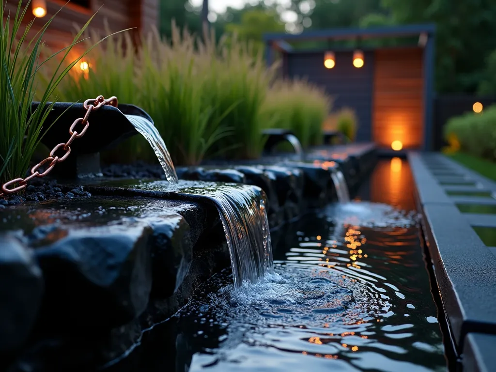 Elegant Black Rock Rain Chain Garden Feature - Close-up twilight shot of a copper rain chain descending from a modern pergola corner, surrounded by sleek black river rocks forming a cascading pattern. Water droplets glisten on the chain links, creating a mesmerizing flow down to a ground-level meditation pool lined with polished black stones. Soft landscape lighting illuminates the water's path, while Japanese Forest Grass and Black Mondo Grass provide organic contrast against the stones. The scene captures the tranquil movement of water with dramatic shadows and highlights on the wet rocks, suggesting both functionality and zen-like serenity.