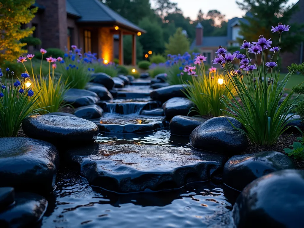 Black Rock Rain Garden at Dusk - A serene backyard rain garden photographed at dusk with dramatic lighting. Dark, polished black rocks of varying sizes (2-12 inches) cascade in gentle terraces, creating natural water channels. Purple coneflowers, blue iris, and native sedges emerge between the rocks, their foliage catching the warm evening light. A subtle depression in the garden collects rainfall, with larger black boulders anchoring the corners. Soft landscape lighting illuminates the wet rocks, creating glossy reflections. Shot from a low angle with a 16-35mm lens at f/2.8, capturing the garden's depth and the moody twilight sky above. Water droplets on the plants add sparkle, while the strategic placement of rocks creates a natural, Japanese-inspired aesthetic.