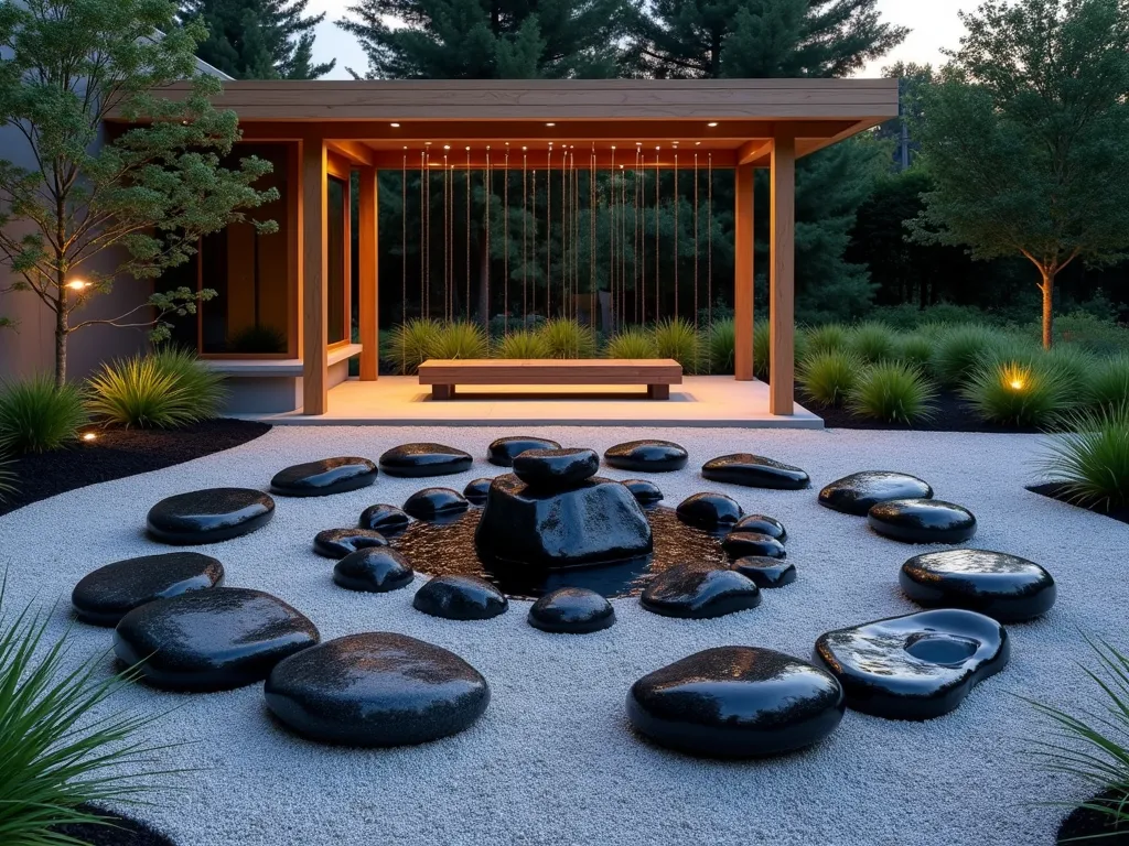 Black Rock Sound Garden at Twilight - A mesmerizing zen garden featuring artistically arranged smooth black granite and basalt rocks of varying sizes, positioned under a contemporary wooden pergola. The rocks are carefully placed in concentric circles on a bed of light gray gravel, creating a natural amphitheater effect. Soft twilight illumination highlights the wet, glossy surfaces of the rocks, with subtle landscape lighting creating dramatic shadows. Small streams of water trickle down from copper rain chains, creating musical notes as droplets strike the carefully positioned rocks. Surrounding the installation are low-growing Japanese forest grass and black mondo grass, with a simple wooden bench nearby for contemplation. The scene is captured in a wide-angle perspective, showcasing the entire geometric pattern while maintaining intimate detail of the water interaction with the rocks.