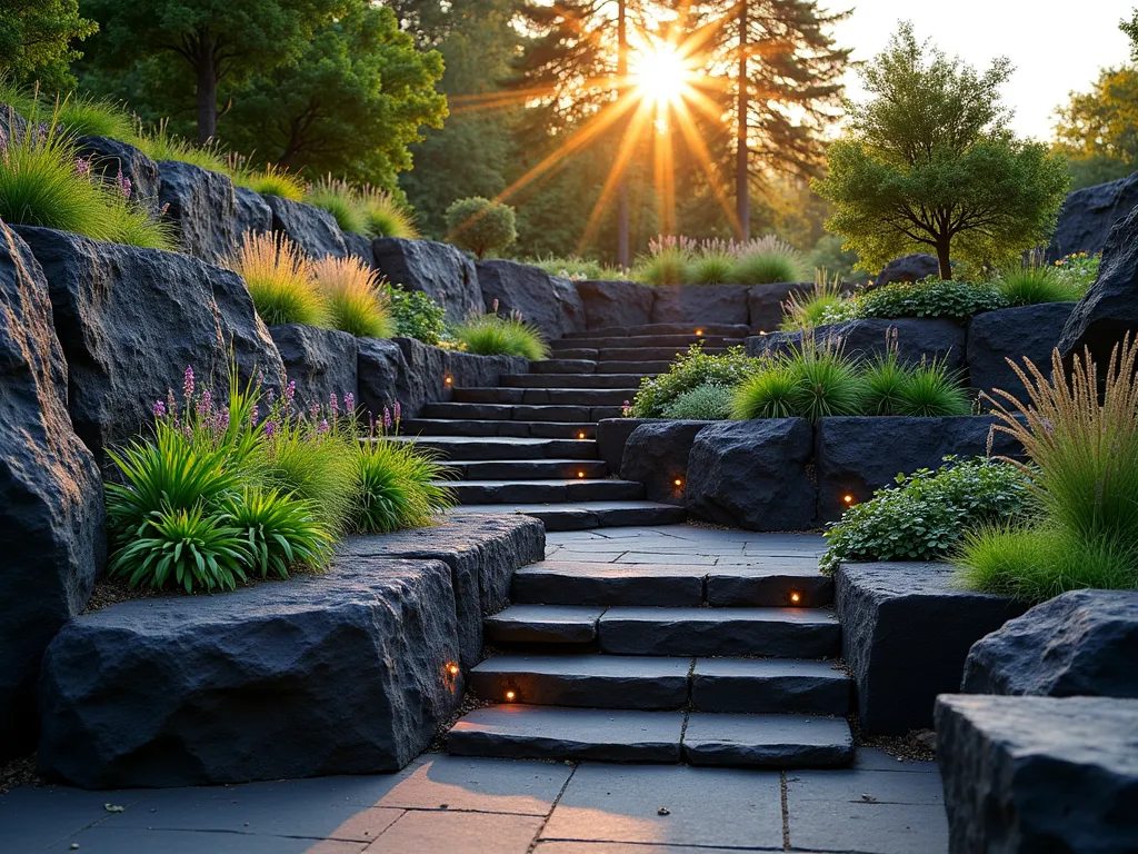 Multi-Level Black Rock Garden Terraces at Sunset - A stunning wide-angle DSLR photograph of a terraced garden landscape at golden hour, featuring dramatic black volcanic rocks forming three elegant natural-looking terraces ascending a gentle slope. The rocks, ranging from medium to large sizes, create sculptural retaining walls with rough, angular surfaces that catch the warm sunset light. Japanese forest grass and cascading creeping thyme spill over the edges of each level, while ornamental grasses and purple salvias add height and movement. Small LED landscape lights nestled between rocks create subtle illumination. The terraces are photographed from a lower vantage point, emphasizing the dimensional layers and architectural impact of the black rock formations. Shot with a wide-angle lens at f/8, capturing rich detail and texture in both the rocks and plantings, with the background showing mature trees softly filtered in the evening light.