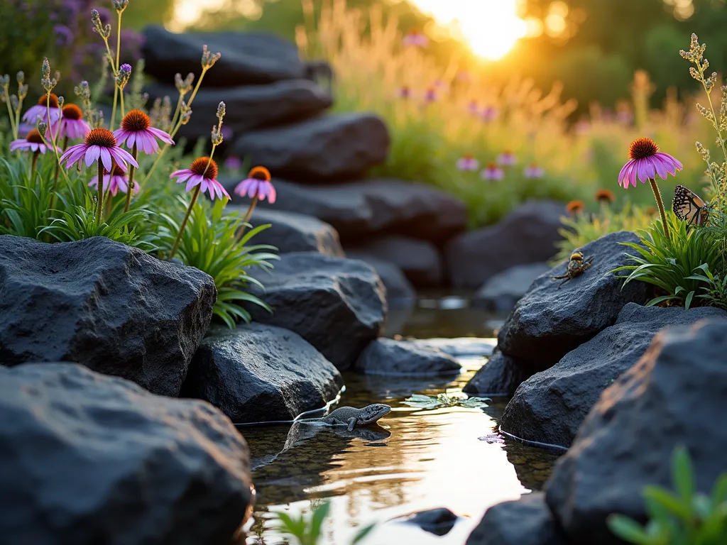 Black Rock Wildlife Sanctuary Garden - A professional DSLR photograph capturing a serene wildlife garden at golden hour, featuring large black volcanic rocks artfully arranged to create natural hiding spots and basking areas. Native purple coneflowers, black-eyed susans, and ornamental grasses sway gently around the rocks. A small natural-looking pond with black rock edges reflects the warm evening light, while a native butterfly bush attracts monarchs and hummingbirds. The wide-angle composition shows multiple levels of black rock formations creating micro-habitats, with some rocks partially covered in moss. A small lizard basks on one of the sun-warmed black rocks, while native bees hover around the wildflowers. Shot with shallow depth of field highlighting the natural textures of the rocks and native plantings.