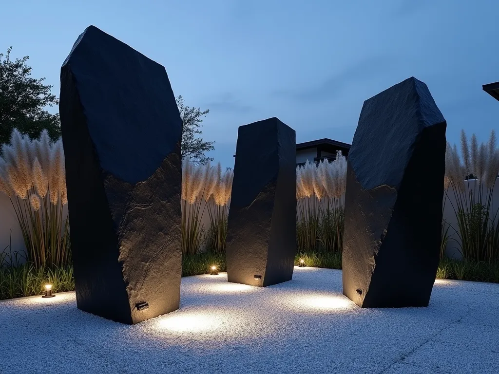 Modern Black Rock Sculpture Garden at Dusk - A stunning modern garden landscape featuring three massive, angular black basalt rocks artistically positioned as natural sculptures. The rocks, ranging from 4-6 feet tall, cast dramatic elongated shadows across a minimalist zen garden bed filled with fine white gravel. The rocks are dramatically lit by hidden ground lighting, creating a striking contrast against the deepening blue dusk sky. In the background, ornamental grasses sway gently, while strategic spotlighting highlights their silvery plumes. The composition is photographed from a low angle using a wide-angle lens, emphasizing the monumental presence of the black rocks against the contemporary landscape design. The scene is captured with cinematic depth, showing the interplay of light, shadow, and texture in this elegant outdoor space.