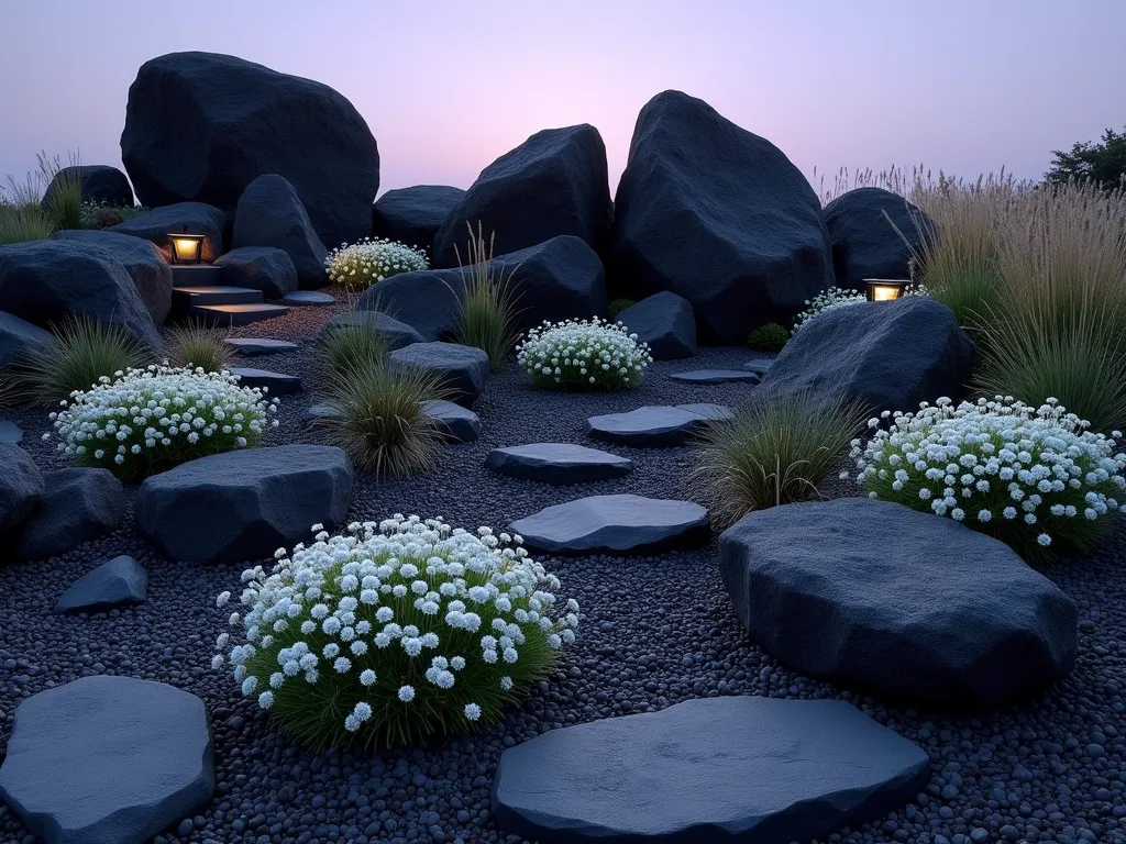 Elegant Black Rock Alpine Garden - A stunning Japanese-inspired rockery garden at dusk, featuring dramatic black volcanic rocks and boulders of varying sizes artfully arranged in a naturalistic pattern. White Candytuft flowers and silvery Artemisia cascade between the rocks, creating striking contrast against the dark stones. The composition includes both large angular boulders and smaller smooth black pebbles, with strategic uplighting highlighting the rock textures. A gentle slope showcases the layered arrangement, while wispy ornamental grasses add movement. Shot from a low angle to emphasize the dramatic scale and architectural quality of the rocks, with a soft purple twilight sky in the background.