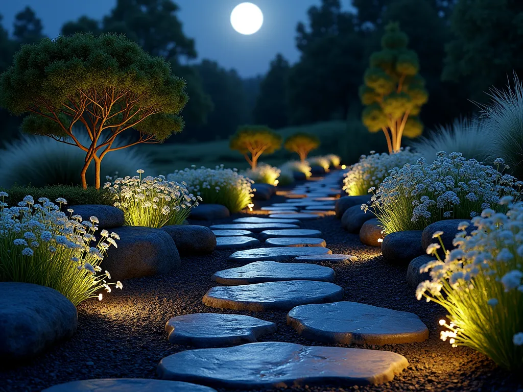 Enchanted Moonlight Rock Garden - A mesmerizing nighttime garden scene captured with a wide-angle lens, featuring a winding pathway lined with glossy black rocks illuminated by strategic ground lighting. White flowering Luna roses and silvery Artemisia plants create an ethereal glow against the dark stones. Moonflowers cascade over decorative black rock borders while Japanese silver grass sways gently in the background. Soft landscape lighting creates dramatic shadows and highlights, casting an otherworldly ambiance across the garden. The scene is photographed during a full moon, with the celestial light adding natural illumination to complement the artificial lighting. Professional DSLR photo with perfect exposure capturing the interplay of light and shadow in this elegant nocturnal garden design.