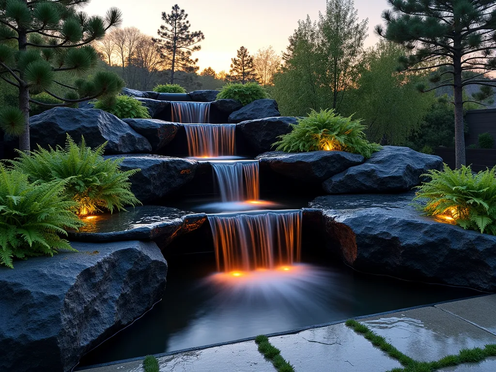 Illuminated Black Rock Cascade - A dramatic twilight scene of a modern garden water feature with large, polished black granite rocks forming a gentle cascade. Crystal-clear water flows elegantly over multiple levels of obsidian-like stones, creating mirror-like reflections. Soft landscape lighting illuminates the falls from below, casting a warm glow on the wet surfaces. Lush Japanese painted ferns and emerald moss cushions surround the base, while wispy maidenhair ferns peek through rock crevices. A wide-angle perspective captures the entire feature with the last rays of sunset creating a magical atmosphere, while subtle fog adds mystery. The water feature is nestled within a contemporary backyard setting with natural stone pavers leading to the installation.