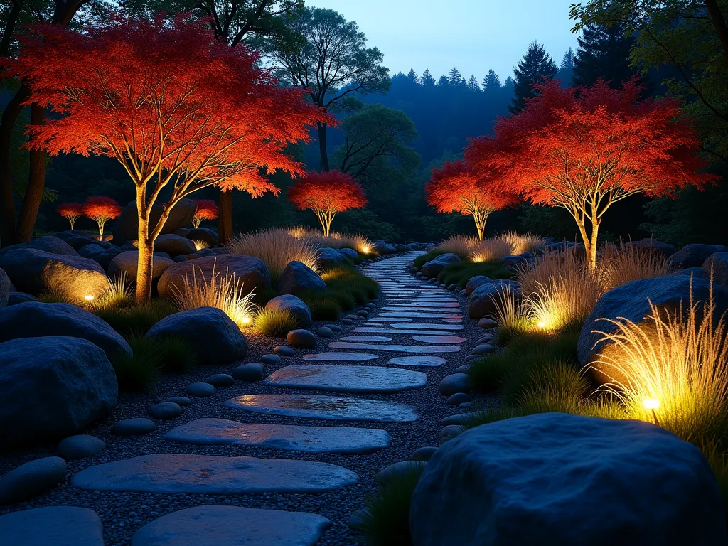 Illuminated Black Rock Garden at Night - A mesmerizing nighttime garden scene captured with a wide-angle lens, featuring smooth black river rocks and boulders artistically arranged in gentle curves. Warm LED uplighting creates dramatic shadows and highlights the textural contrast of the rocks. Japanese maple trees cast intricate silhouettes against the subtle glow, while small ground-level lights illuminate a winding pathway. Ornamental grasses sway gently between the rocks, their silver-tipped fronds catching the light. Crystal-clear photography at f/2.8 captures the depth and dimension of the scene, with perfect exposure balancing the artificial lighting against the deep blue twilight sky. Slight fog adds mystery and depth to the composition.