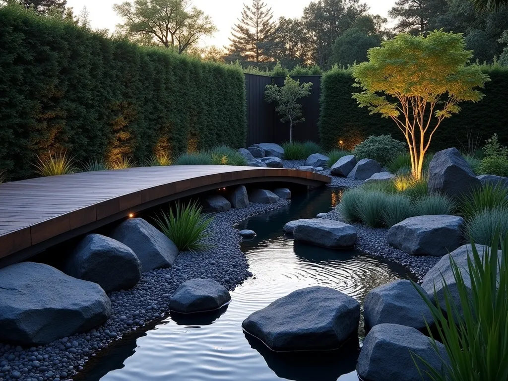 Serene Black Rock Stream Garden - A stunning twilight photograph of a modern Japanese-inspired garden featuring a gracefully curved dry stream bed made of polished black rocks and river stones. The rocks graduate in size, creating a natural flow effect across the landscape. A sleek wooden footbridge spans the stream, casting gentle shadows from hidden landscape lighting. Minimalist plantings of black mondo grass and silver-blue fescue line the edges, while a single Japanese maple adds a focal point. Shot with a wide-angle perspective at golden hour, capturing the interplay of fading sunlight on the glossy black stones and the subtle landscape lighting beginning to illuminate the scene. The composition emphasizes the stream's sinuous curves leading the eye through the tranquil space, with careful attention to depth of field highlighting both near and far details of the rocks.