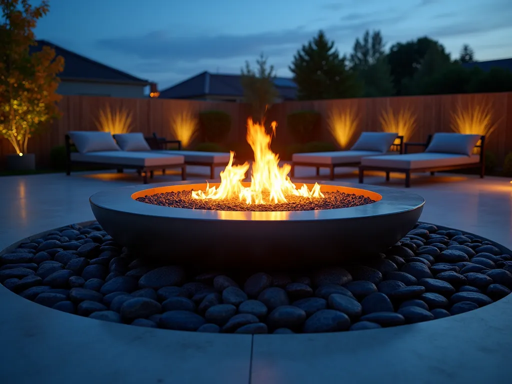 Modern Black Rock Fire Pit at Twilight - A stunning modern circular fire pit photographed at twilight in a contemporary backyard setting. The fire pit is surrounded by a wide ring of polished black river rocks that shimmer and reflect the dancing flames. The smooth black stones create concentric circles around the sleek stainless steel fire bowl, which emanates a warm orange glow. Low voltage landscape lighting hidden among the rocks adds subtle illumination. The composition is captured from a low angle with a 16-35mm wide lens at f/2.8, creating beautiful bokeh effects as the firelight plays across the glossy stone surfaces. In the background, architectural grasses and modern outdoor furniture are softly silhouetted against the deep blue twilight sky.