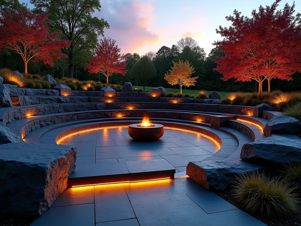 Modern Black Rock Garden Amphitheater - A stunning twilight photograph of a modern terraced garden amphitheater created with sleek black basalt rocks, featuring three curved tiers of seating arranged in a semi-circle. The rocks are precisely cut and positioned to form comfortable seating heights, illuminated by warm LED strip lighting tucked beneath each tier. The amphitheater faces a central focal point with a modern fire pit. Japanese maple trees frame the space, while ornamental grasses softly sway between the rock formations. Captured with a wide-angle lens at golden hour, showing the interplay between natural light and artificial illumination. The clean lines of the black rocks contrast beautifully with the organic shapes of the surrounding landscape, photographed from a slightly elevated angle to showcase the geometric precision of the design. Shot with atmospheric depth, emphasizing the sophisticated blend of natural elements and architectural styling.