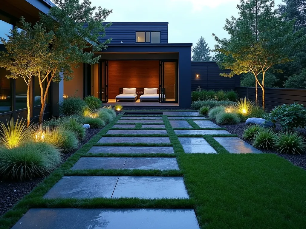 Modern Black Rock Grid Garden - A modern minimalist garden design featuring a precise geometric grid pattern created with sleek black basalt rocks, photographed at dusk with soft ambient lighting. The rocks are uniformly sized and arranged in perfect squares, separated by thin strips of emerald Mondo grass and angular sections of Silver Dragon Lilyturf. A wide-angle shot captures the contemporary layout against the backdrop of a modern home's facade, with subtle landscape lighting creating gentle shadows that emphasize the grid's clean lines. The rocks have a slight sheen from recent rain, enhancing their dramatic appearance. Shot with a digital camera, 16-35mm lens at f/2.8, ISO 400, capturing the interplay of natural and artificial light on the geometric patterns.