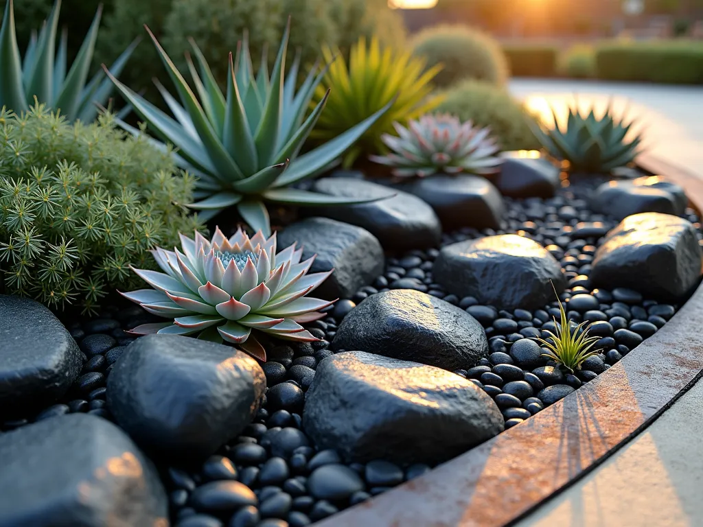 Modern Black Rock Succulent Garden at Sunset - Close-up perspective of a contemporary garden design featuring smooth black volcanic rocks artfully arranged in varying sizes, creating a dramatic base for a collection of geometric succulents. Echeveria rosettes in silvery-blue and dusty pink tones emerge between the obsidian-like stones, while tall, sculptural Agave attenuata and spiky Aloe vera provide vertical interest. Golden sunset light casts long shadows across the rocks, highlighting their glossy surface and creating a striking contrast with the pale succulents. Small clusters of Sempervivum and String of Pearls cascade over the edges of the black rock formation, softening the design. The garden is bordered by weathered Corten steel edging, adding to the modern aesthetic.