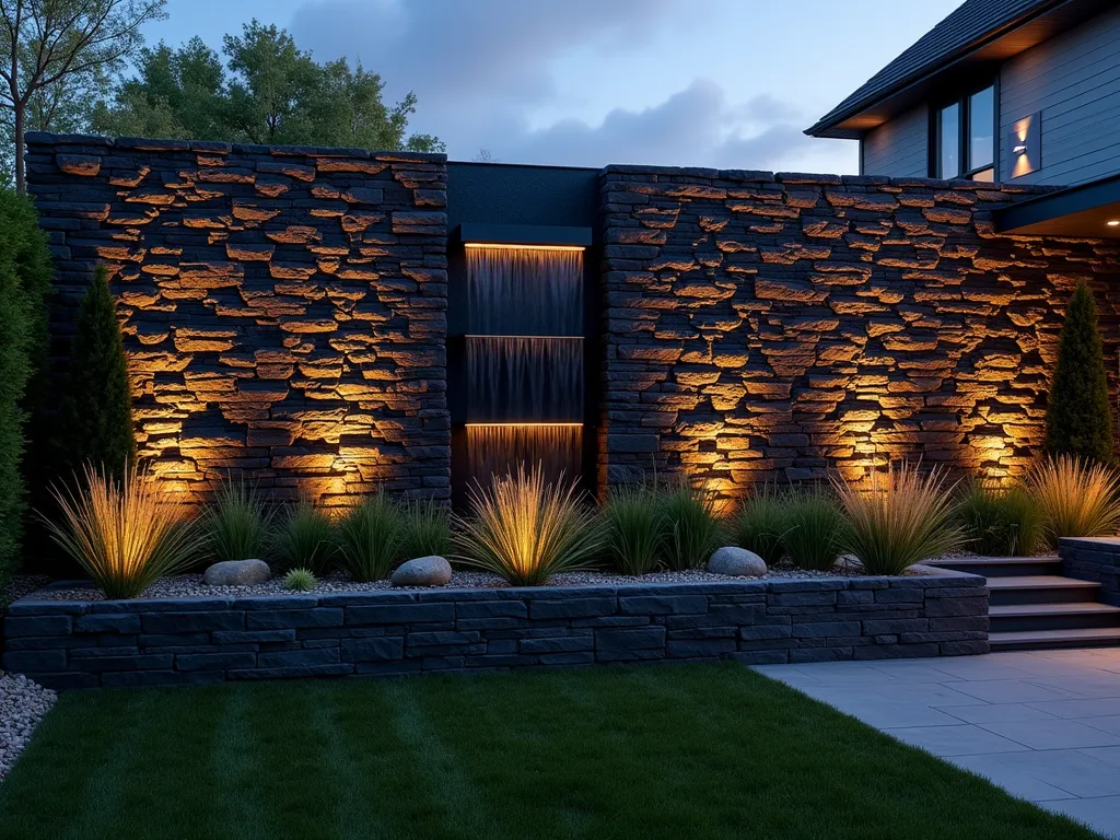 Modern Black Rock Vertical Garden Wall - A dramatic twilight photograph of a modern backyard featuring a stunning 8-foot vertical wall constructed from stacked black basalt rocks, creating a sophisticated architectural feature. The wall's textured surface is gently illuminated by hidden LED lighting, casting subtle shadows across the rock face. A series of cascading water features integrated into the wall creates gentle ribbons of water, adding movement and ambient sound. Hardy succulents and ornamental grasses emerge from strategic pockets within the rock wall, while Japanese Forest Grass and Black Mondo Grass provide elegant ground coverage at the base. Shot with a wide-angle lens at f/2.8 to capture the entire composition while maintaining atmospheric depth, with the last rays of sunset creating a moody ambiance.