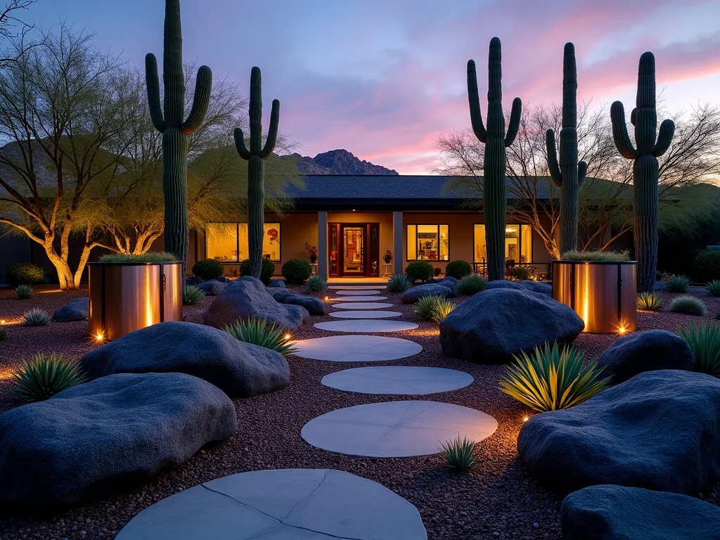 Modern Desert Rock Garden at Dusk - A striking desert garden landscape photographed at dusk with dramatic lighting. Large, polished black volcanic rocks create a bold foundation, interspersed with sculptural barrel cacti and towering saguaros. Silver-blue agave plants and golden barrel cacti provide dramatic contrast against the dark stones. Contemporary steel planters and copper garden sculptures add industrial elegance. Warm LED landscape lighting casts subtle shadows across the rocks, while the setting sun creates a purple-orange backdrop. Wide-angle DSLR shot at f/8, capturing the entire garden scene with perfect depth of field, photographed with natural and ambient lighting.