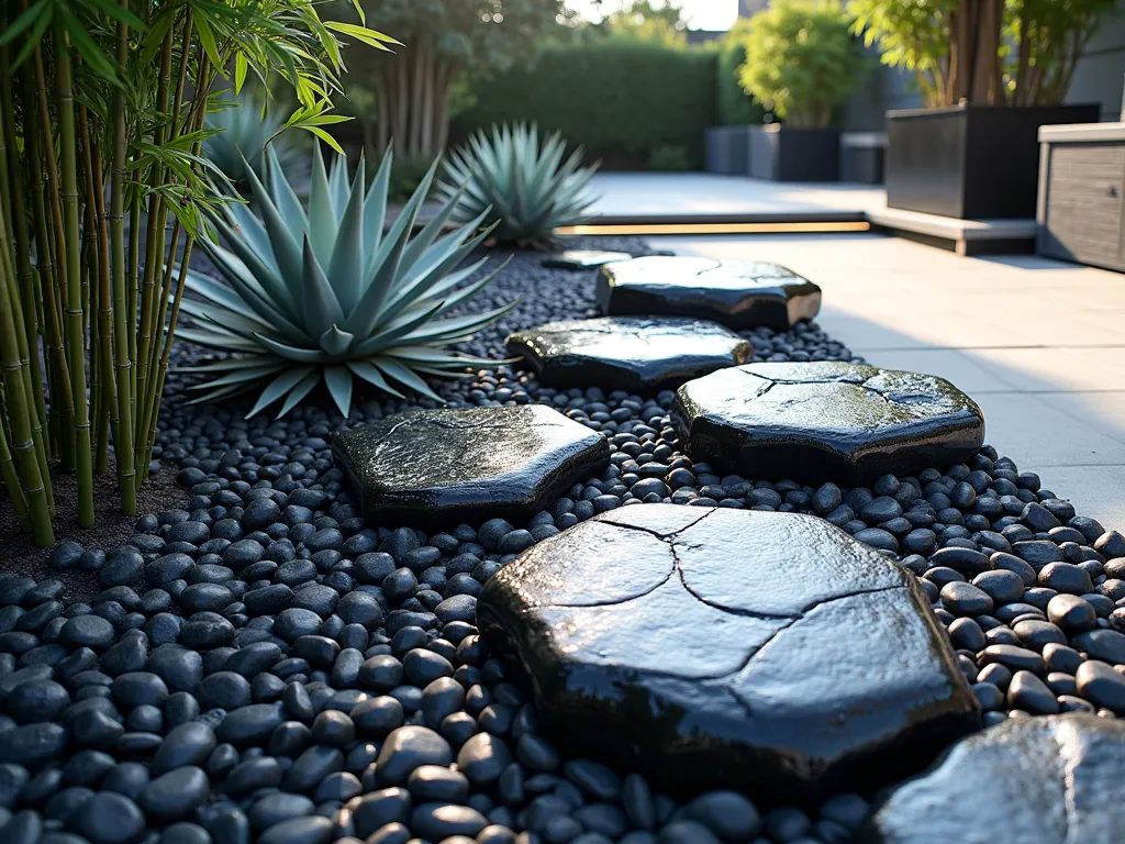 Modern Geometric Black Rock Garden Pattern - A striking close-up perspective of a modern garden design featuring glossy black rocks meticulously arranged in bold hexagonal and triangular patterns, complemented by architectural Bamboo plants and spiky Agave creating dramatic shadows in late afternoon sunlight. The geometric rock arrangement transitions seamlessly into a contemporary patio space, with minimalist concrete pavers and sleek metal planters. Silver-blue Mexican Feather Grass adds movement and contrast against the dark rocks, while LED strip lighting subtly highlights the geometric patterns, creating an sophisticated outdoor art installation effect. Photographed from a 45-degree angle to emphasize the precise geometric layout and intricate pattern work.