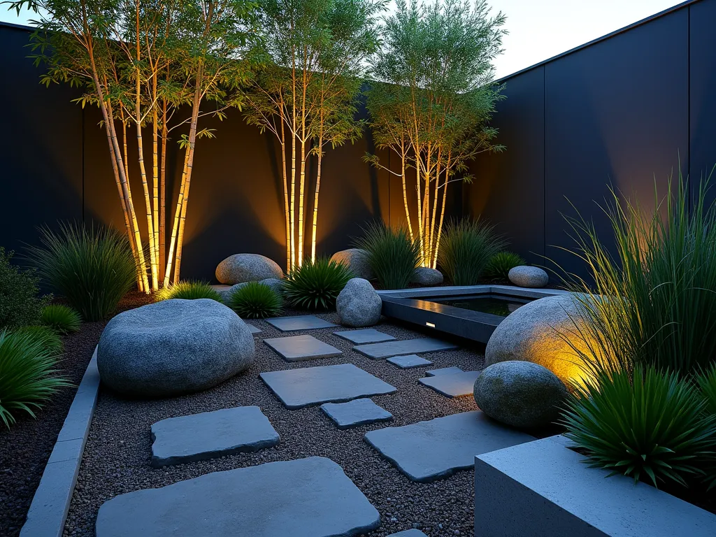 Modern Urban Rock Sanctuary - A stunning twilight shot of a compact urban garden featuring polished black rocks and boulders artfully arranged in a Zen-inspired pattern. Tall, slender bamboo plants create vertical interest against a contemporary charcoal-colored wall. Strategic uplighting illuminates the rocks and casts dramatic shadows. Drought-resistant succulents and ornamental grasses emerge between the rocks, while a small bubbling water feature adds tranquility. Japanese forest grass and dark-leaved heuchera provide ground cover, creating a lush yet low-maintenance urban sanctuary. The space is photographed from a slightly elevated angle to showcase the intricate rock patterns and layered plantings.